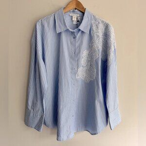 Christian Lacroix Blue and White Casual Button Down Shirt with Lace size M